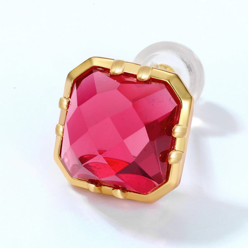 S925 Sterling Silver Jewelry Earrings Red Corundum Gemstone Square Style Stud Earrings