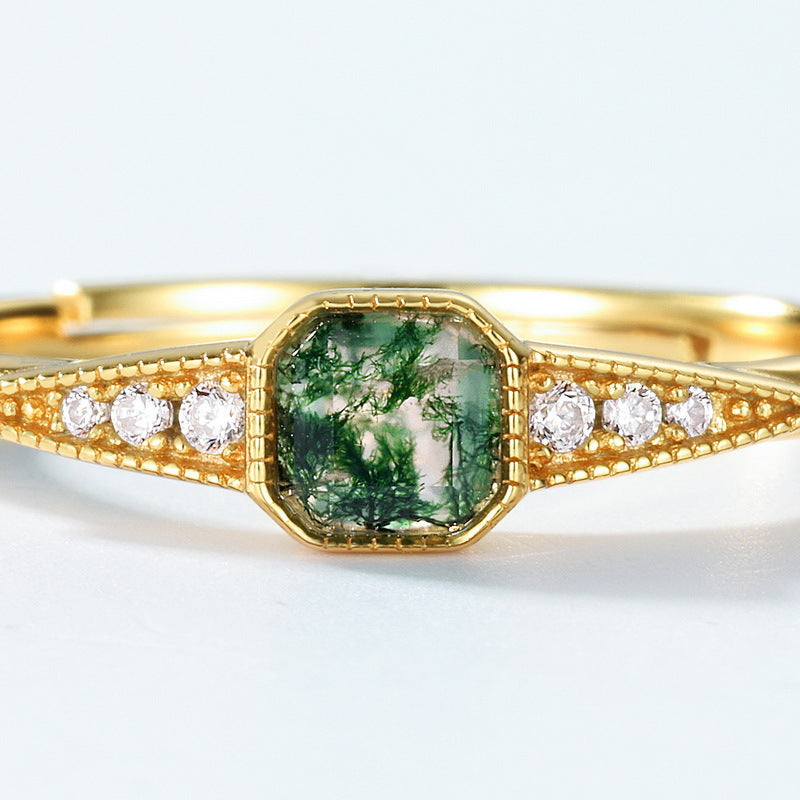 S925 Sterling Silver Jewelry Ring Natural Moss Agate Gemstone Vintage Palace Style Rings