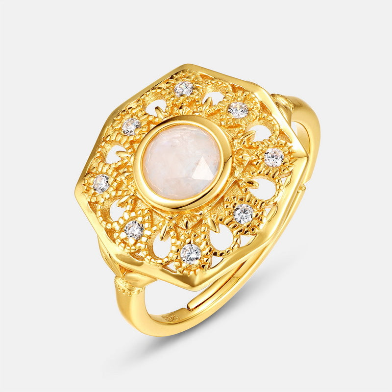 S925 Sterling Silver Jewelry Ring Natural Moonstone Gemstone Sunflower Style Luxury Rings
