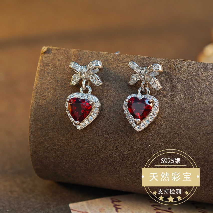 Natural Garnet Gemstone Fine Jewelry 925 Sterling Silver Heart Style Light Luxury Earrings