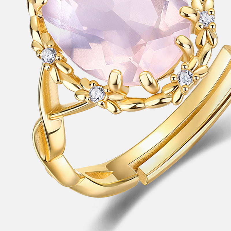 S925 Sterling Silver Jewelry Ring Gold Plating Natural Rose Quartz Gemstone Rings