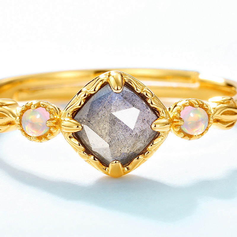 S925 Sterling Silver Jewelry Ring Natural Labradorite Gemstone Geometric Style Luxury Rings