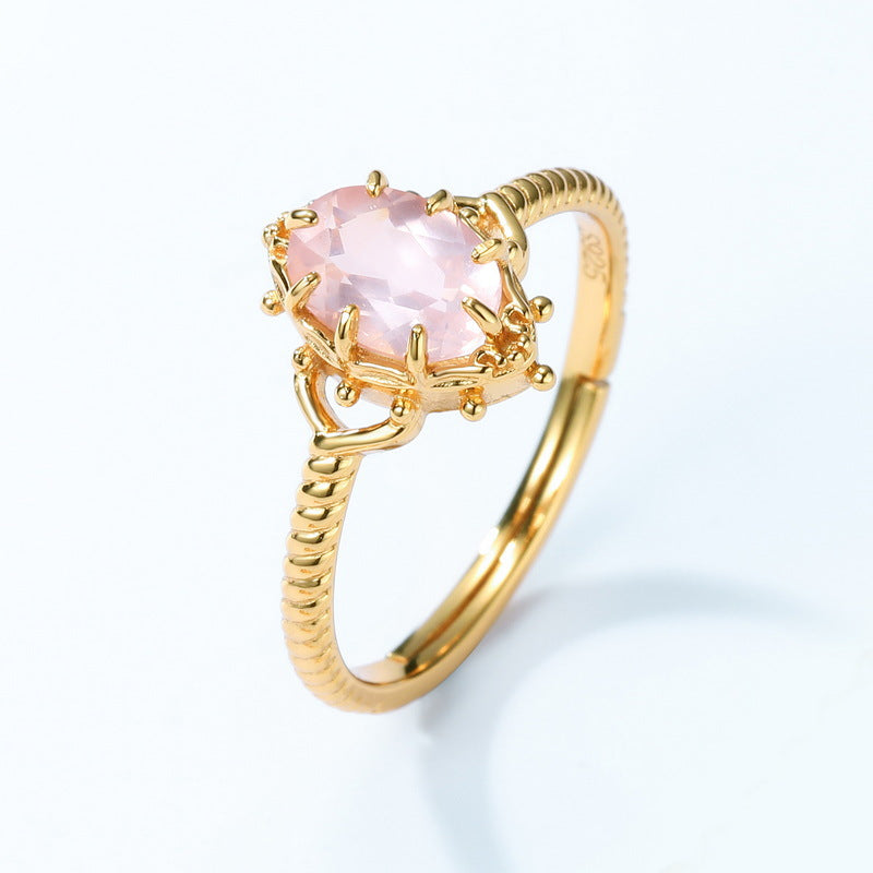 S925 Sterling Silver Jewelry Ring Natural Rose Quartz Gemstone Palace Style Rings