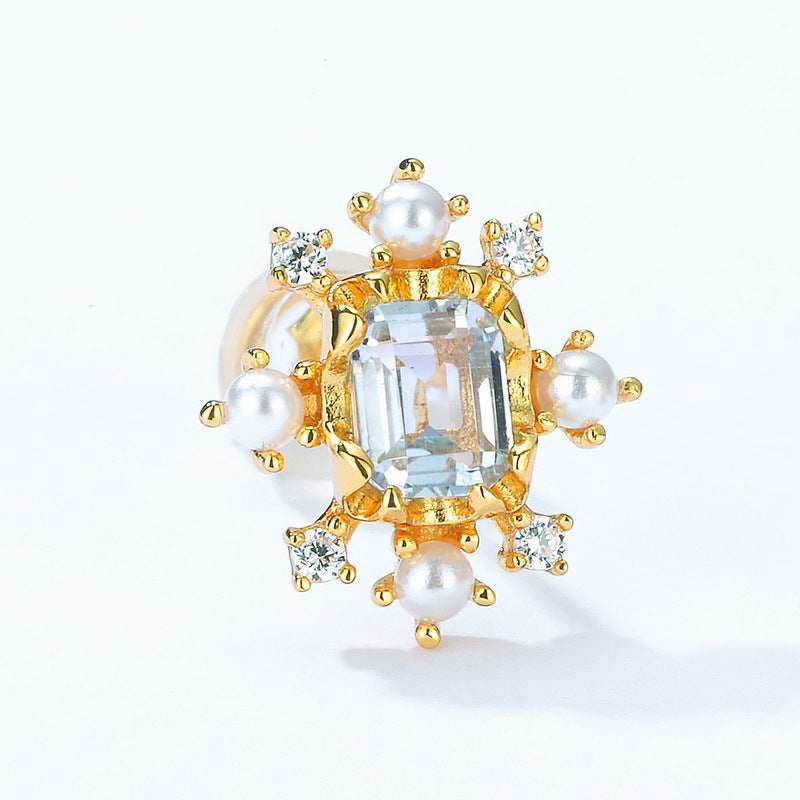 S925 Sterling Silver Jewelry Earrings Natural Sky Blue Topaz Gemstone Snowflake Stud Earrings