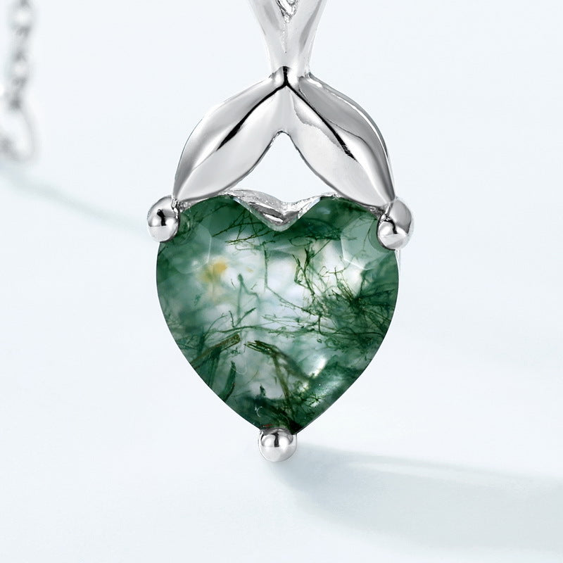 S925 Sterling Silver Jewelry Pendant Natural Moss Agate Gemstone Hear Style Necklace Charms
