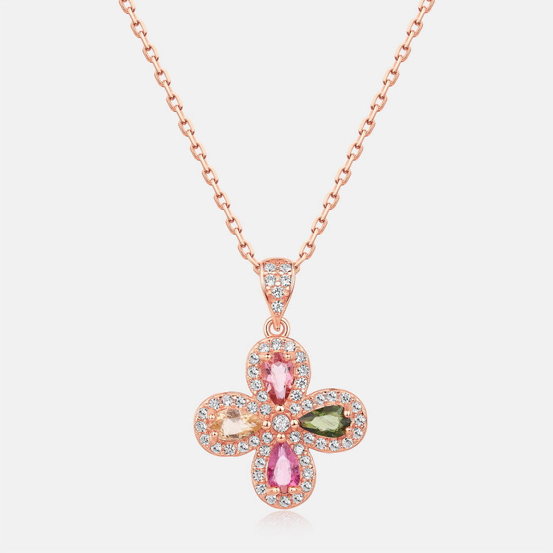 S925 Sterling Silver Jewelry Pendants Natural Tourmaline Gemstone Clover Necklace Charms