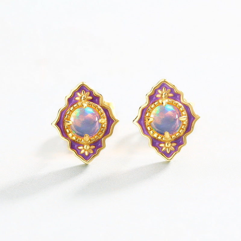 S925 Sterling Silver Jewelry Natural Opal Gemstone Enamel Craft Vintage Style Stud Earrings