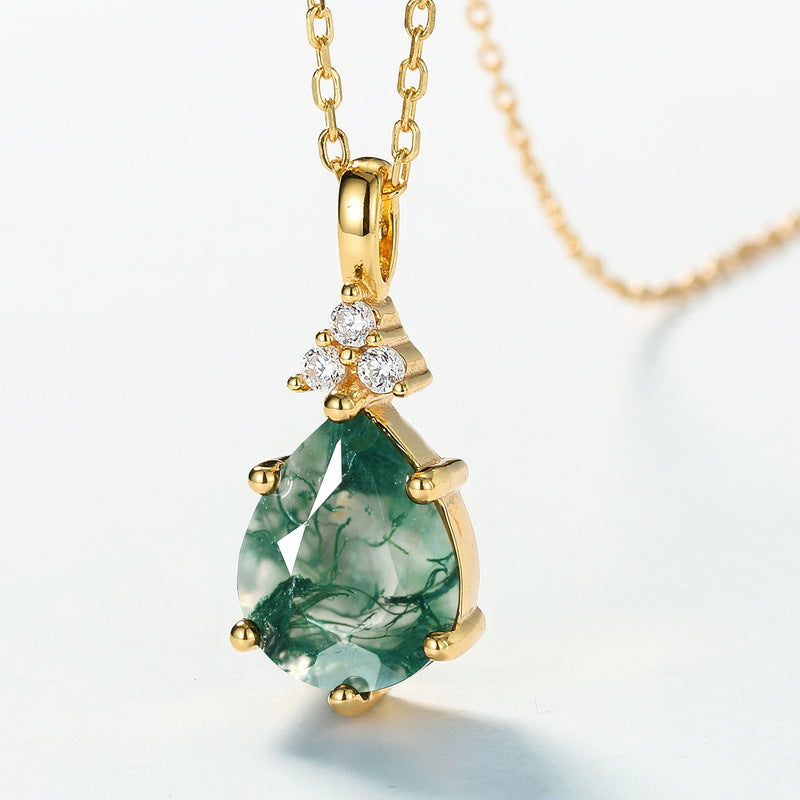 S925 Sterling Silver Jewelry Pendant Natural Moss Agate Gemstone Water Drop Necklace Charms