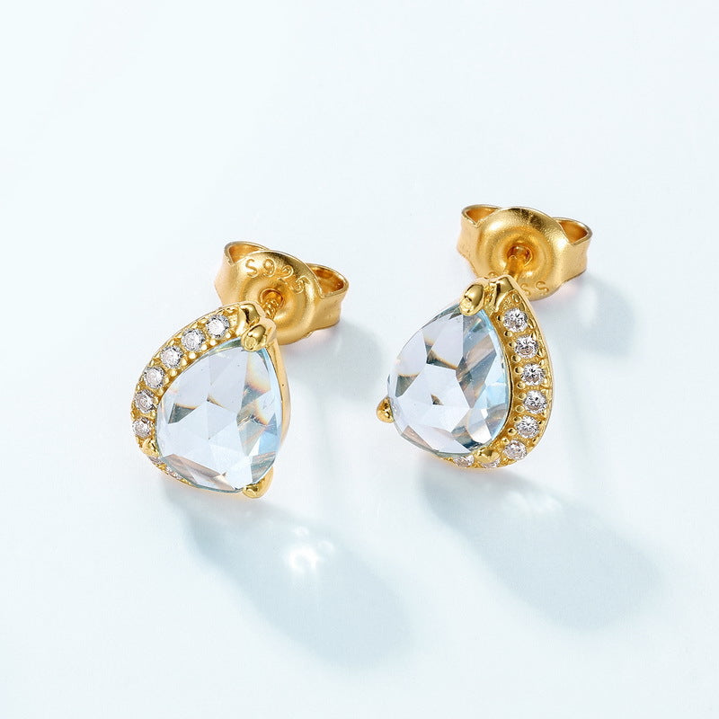 S925 Sterling Silver Jewelry Earrings Natural Sky Blue Topaz Gemstone Luxury Stud Earrings