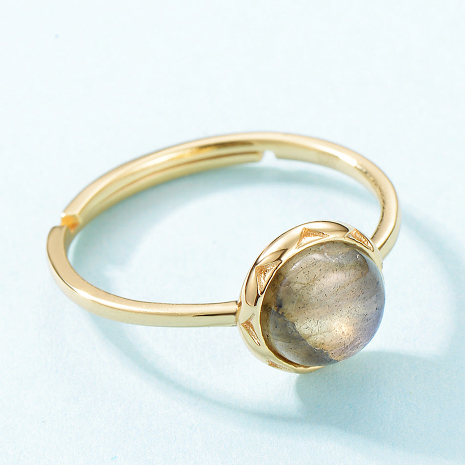 S925 Sterling Silver Jewelry Ring Natural Labradorite Gemstone Round Style Simple Luxury Rings