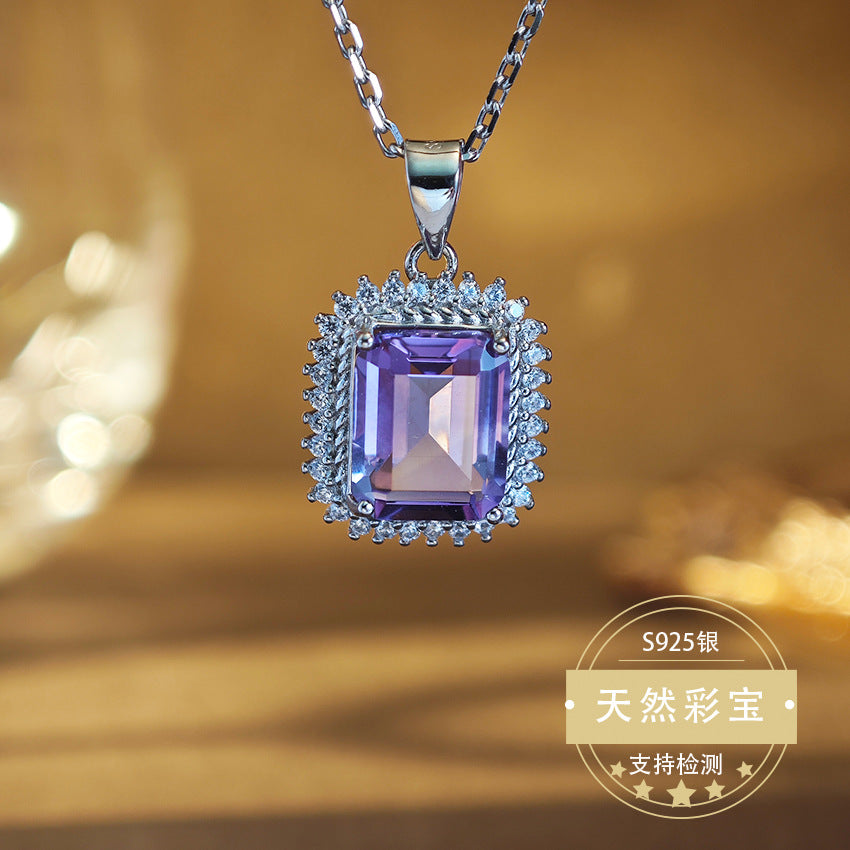 Natural Amethyst Gemstone Fine Jewelry 925 Sterling Silver Square Luxury Charms Necklace