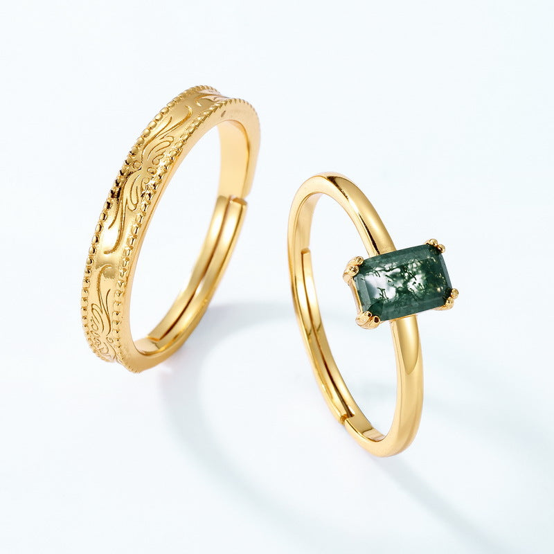 S925 Sterling Silver Jewelry Ring Natural Moss Agate Gemstone Gold Plating Stacking Rings