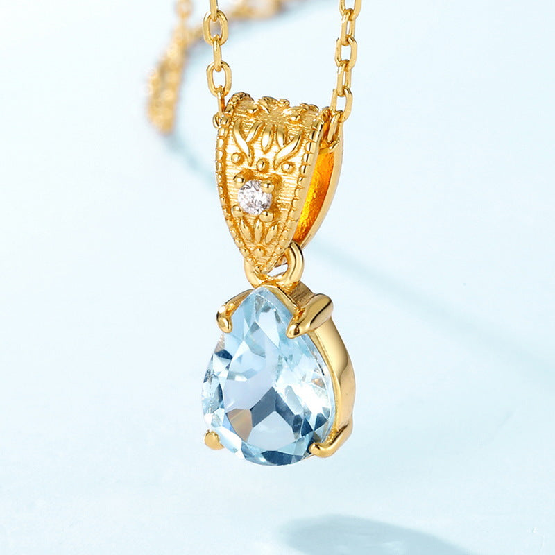 S925 Sterling Silver Jewelry Pendants Natural Sky Blue Topaz Water Drop Style Necklace Charms