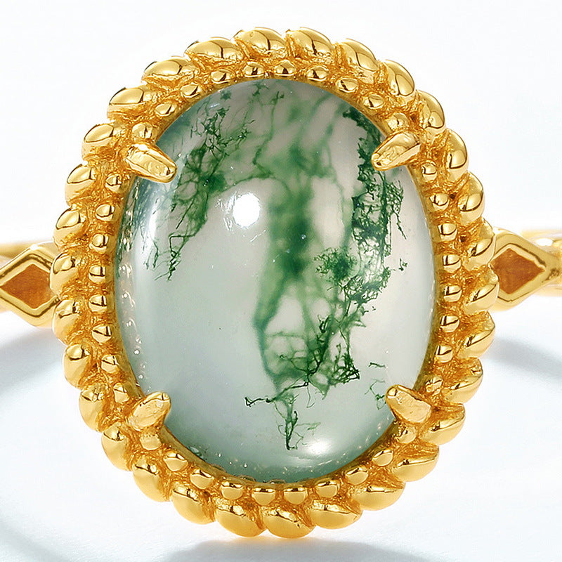 S925 Sterling Silver Jewelry Ring Natural Moss Agate Gemstone Vintage Geometric Luxury Rings