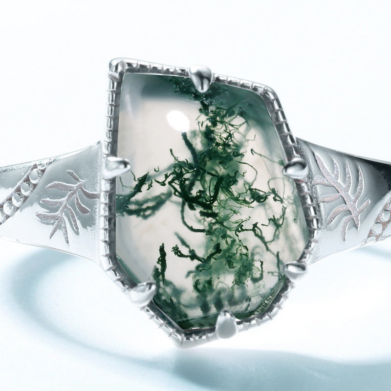 S925 Sterling Silver Jewelry Ring Natural Moss Agate Gemstone Irregular Simple Luxury Rings