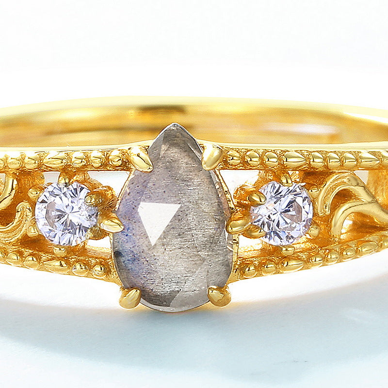 S925 Sterling Silver Jewelry Ring Natural Labradorite Gemstone Waterdrop Style Floral Lace Rings