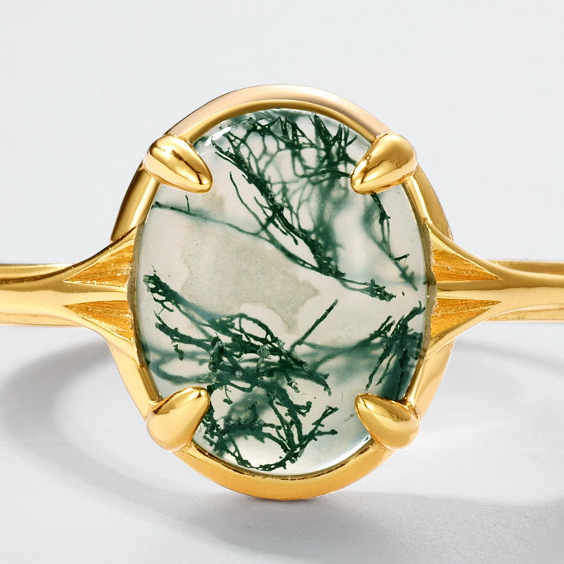 S925 Sterling Silver Jewelry Ring Natural Moss Agate Gemstone Gold Plating Fashion Rings