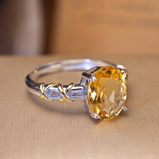 S925 Sterling Silver Jewelry Ring Natural Citrine Gemstone Oval Style Simple Luxury Rings