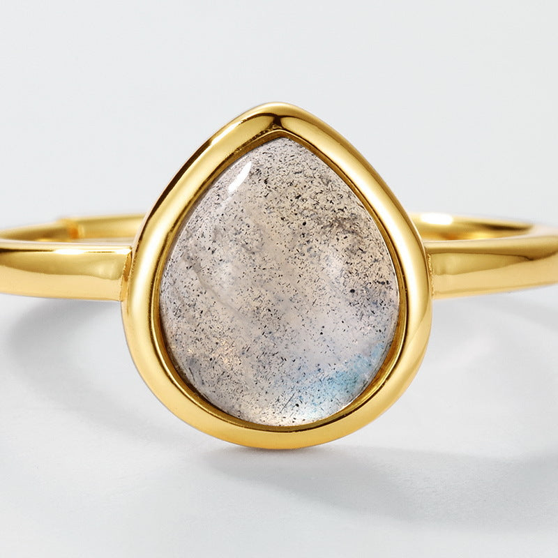 S925 Sterling Silver Jewelry Ring Natural Labradorite Gemstone Waterdrop Style Fashion Rings