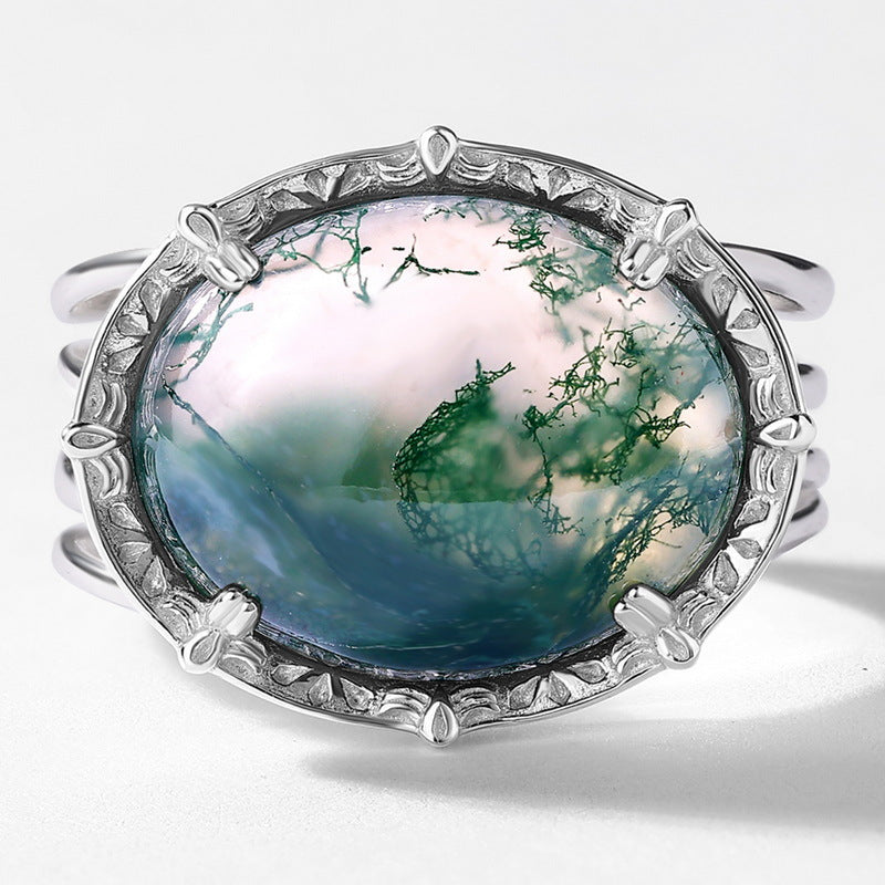 S925 Sterling Silver Jewelry Ring Natural Moss Agate Gemstone Vintage Style Simple Luxury Rings