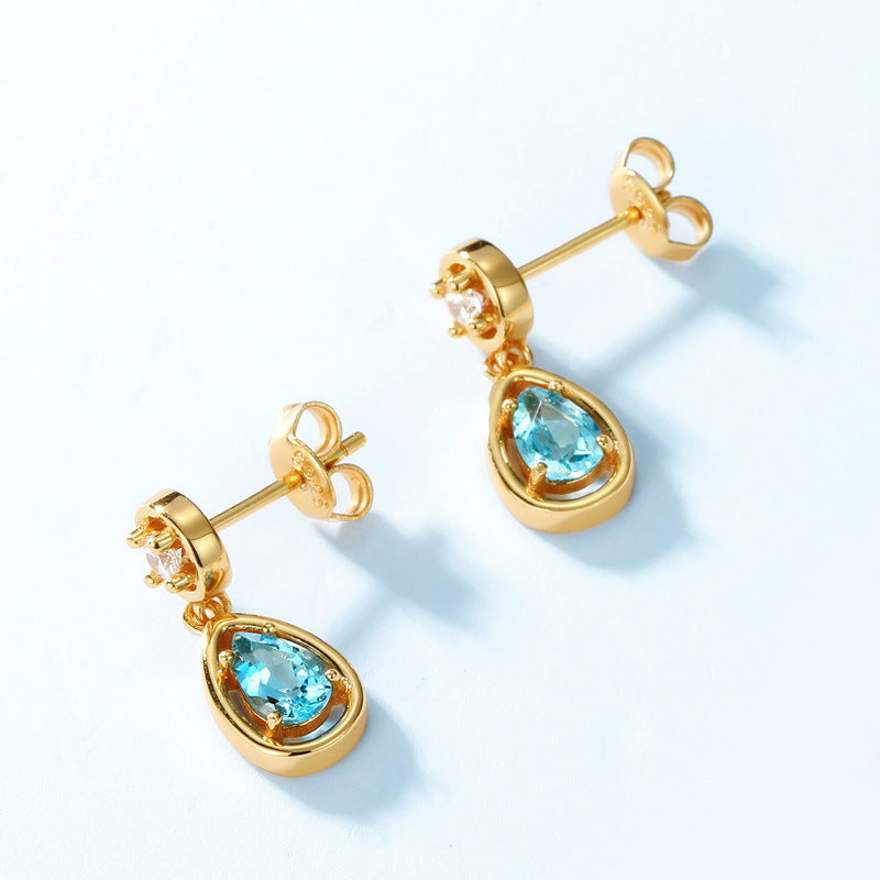 S925 Sterling Silver Jewelry Earrings Natural Swiss Blue Topaz Gemstone Simple Luxury Earrings