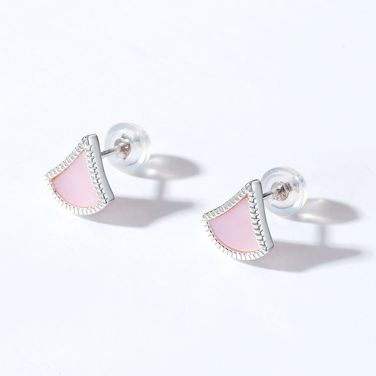 S925 Sterling Silver Jewelry Earrings Natural Pink Shell Gemstone Geometric Sector Style Earrings