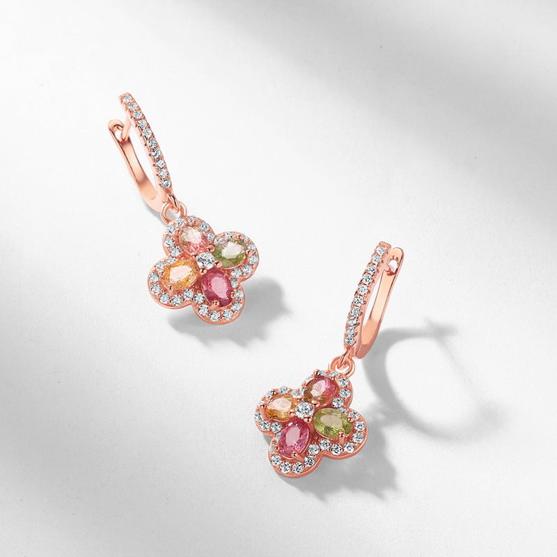 S925 Sterling Silver Jewelry Earrings Natural Tourmaline Gemstone Clover Style Earrings