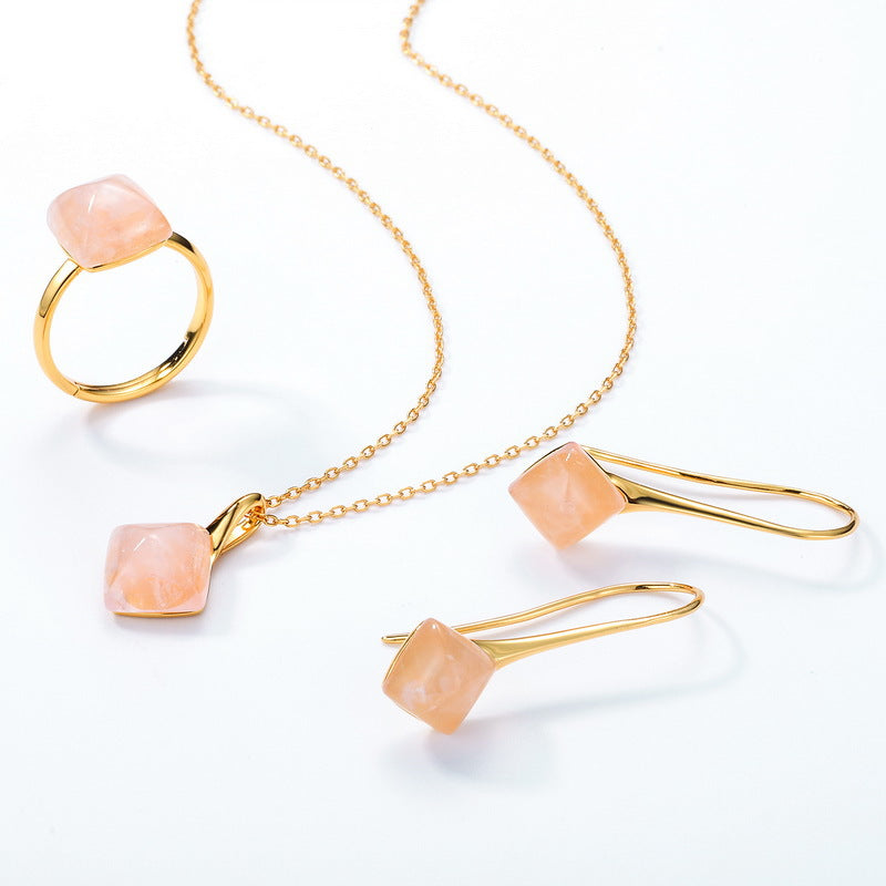 S925 Sterling Silver Jewelry Gold Plating Natural Rose Quartz Gemstone Hook Earrings
