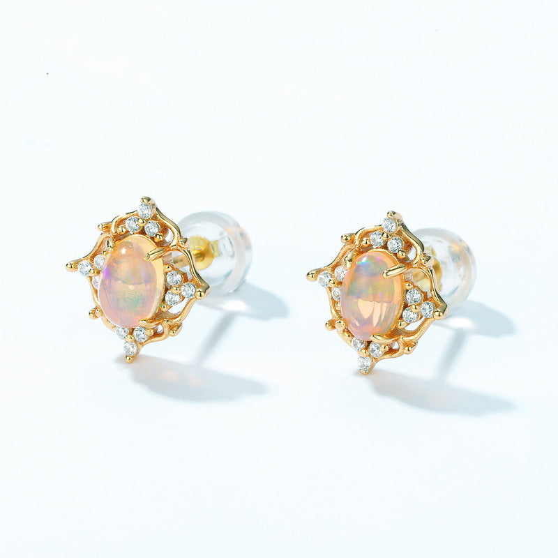 S925 Sterling Silver Jewelry Earrings Gold Plating Opal Gemstone Palace Style Stud Earrings