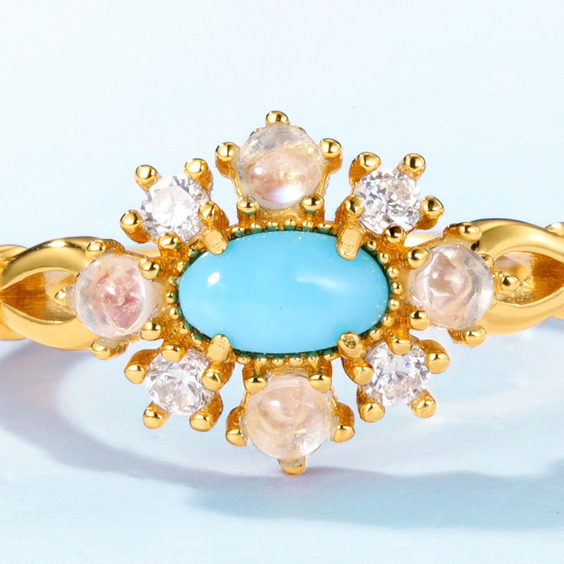 S925 Sterling Silver Jewelry Ring Natural Turquoise Gemstone Vintage Palace Style Rings
