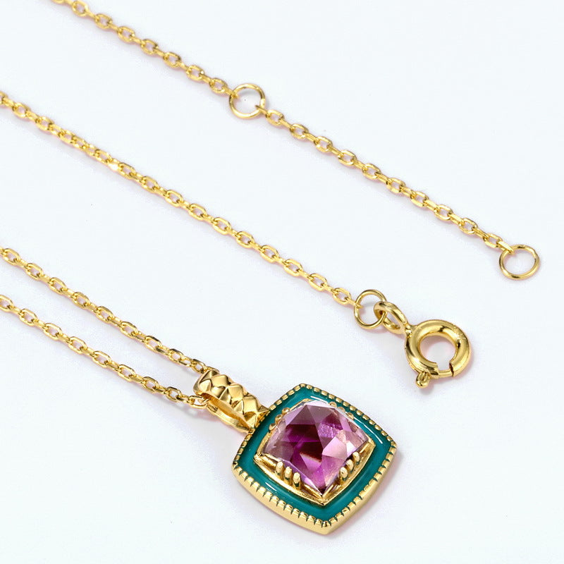 S925 Sterling Silver Jewelry Pendants Natural Amethyst Gemstone Enamel Necklace Charms