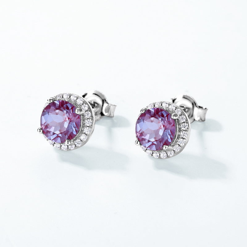 S925 Sterling Silver Jewelry Earrings Alexandrite Gemstone Round Style Stud Earrings