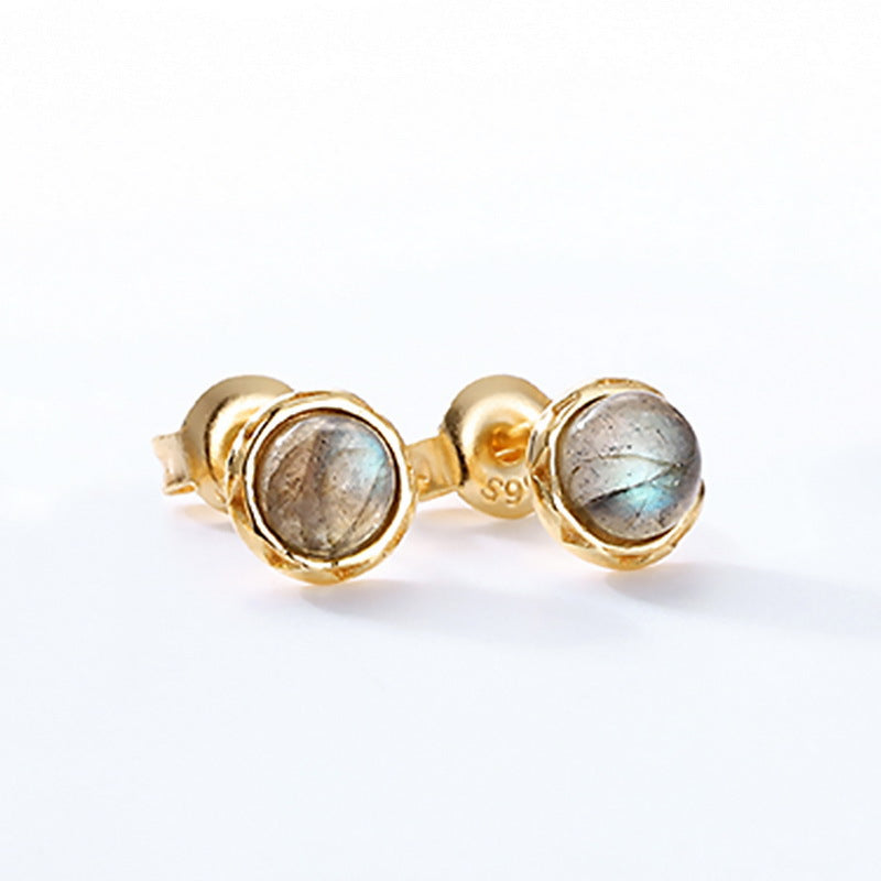 S925 Sterling Silver Jewelry Earrings Natural Labradorite Gemstone Round Style Stud Earrings