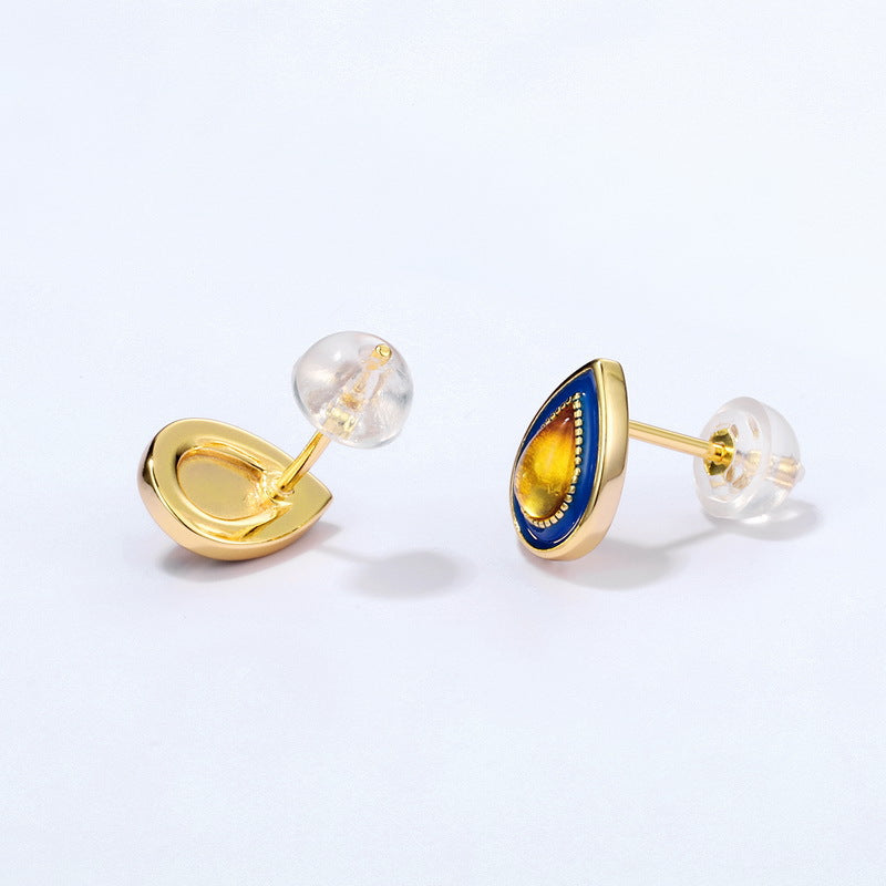 S925 Sterling Silver Jewelry Earrings Natural Amber Vintage Enamel Water Drop Style Earrings