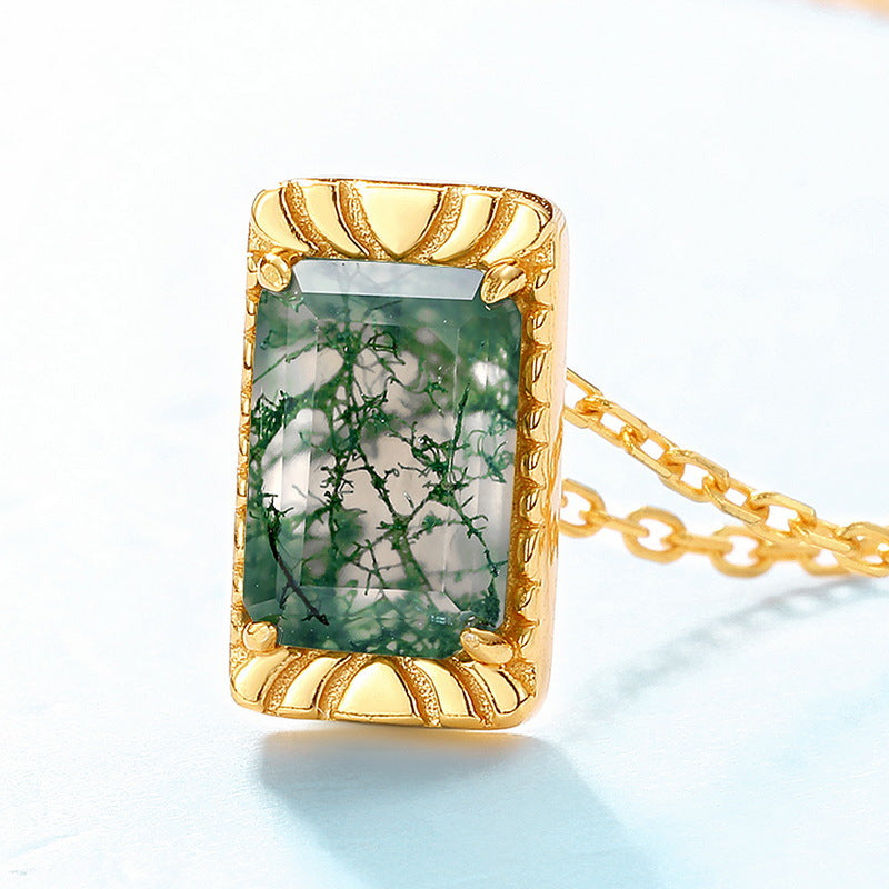 S925 Sterling Silver Jewelry Pendant Natural Moss Agate Gemstone Choker Necklace Charms