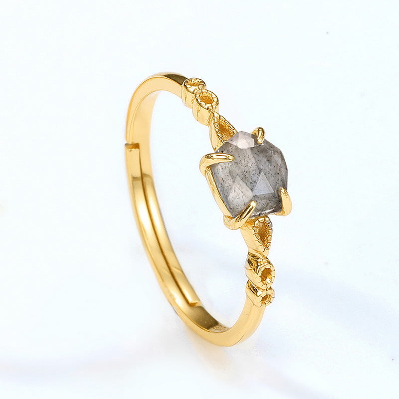 S925 Sterling Silver Jewelry Ring Natural Labradorite Gemstone Geometric Style Exquisite Rings