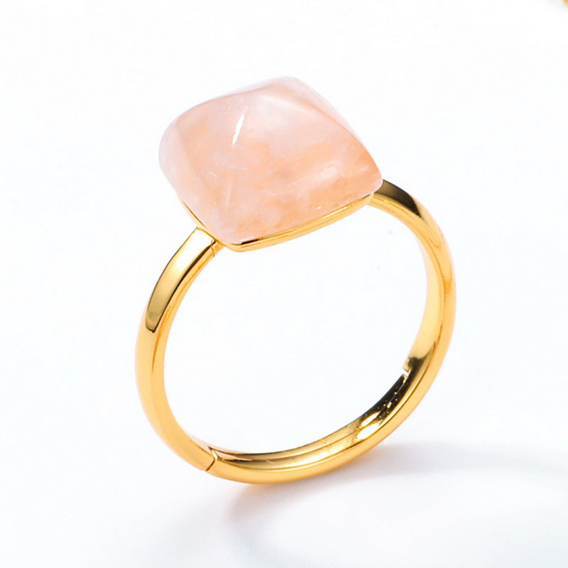 S925 Sterling Silver Jewelry Ring Gold Plating Natural Rose Quartz Simple Luxury Rings
