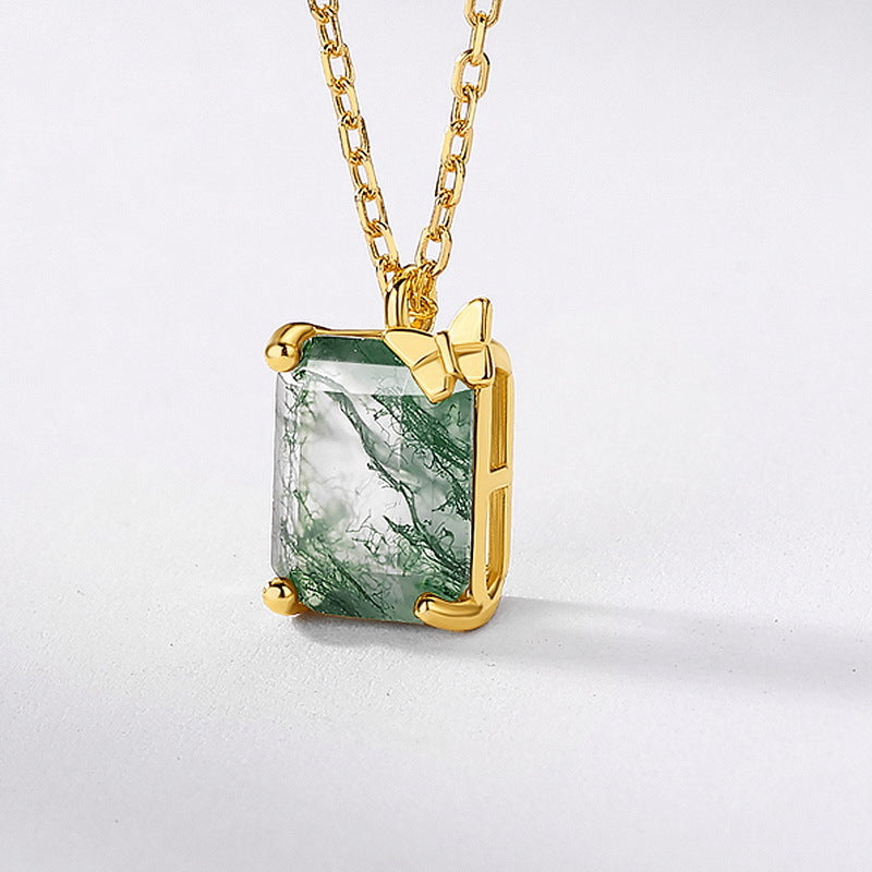 S925 Sterling Silver Jewelry Necklace Natural Moss Agate Gemstone Geometric Charms Necklace