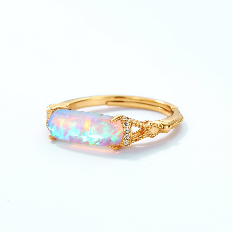 S925 Sterling Silver Jewelry Rings Magical Color Opal Gemstone Cylinder Style Ring
