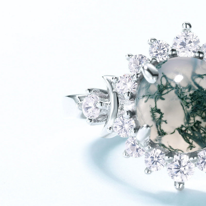 S925 Sterling Silver Jewelry Ring Natural Moss Agate Gemstone Floral Style Luxury Rings