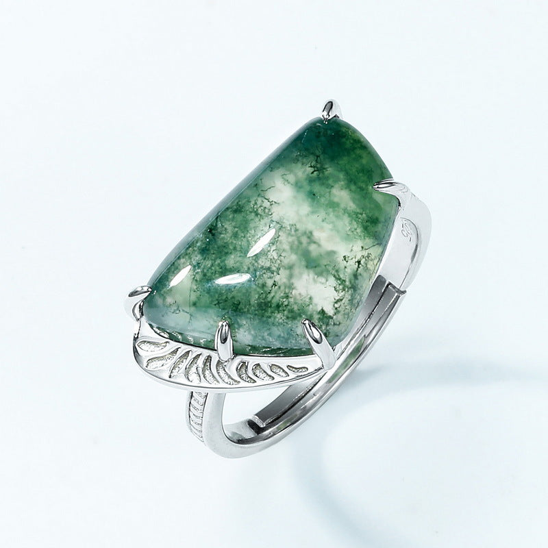 S925 Sterling Silver Jewelry Ring Natural Moss Agate Gemstone Irregular Style Luxury Rings
