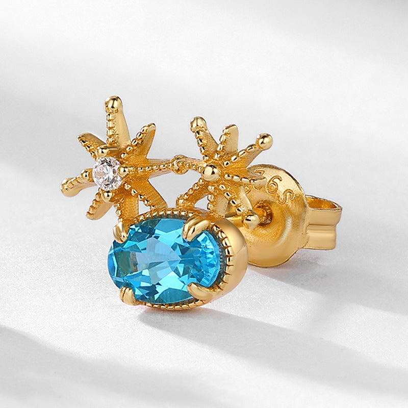 S925 Sterling Silver Jewelry Earrings Natural Swiss Blue Topaz Gemstone Star Style Stud Earrings