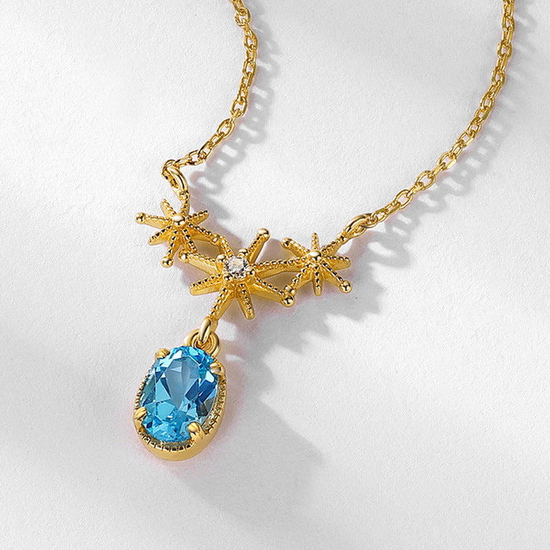 S925 Sterling Silver Jewelry Necklace Natural Swiss Blue Topaz Gemstone Star Style Necklaces