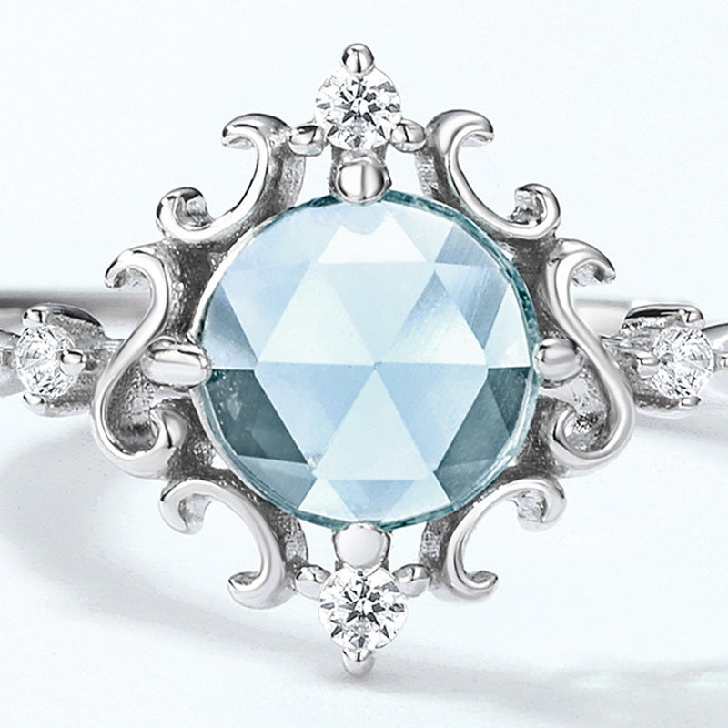 S925 Sterling Silver Jewelry Ring Natural Sky Blue Topaz Gemstone Vintage Floral Style Rings