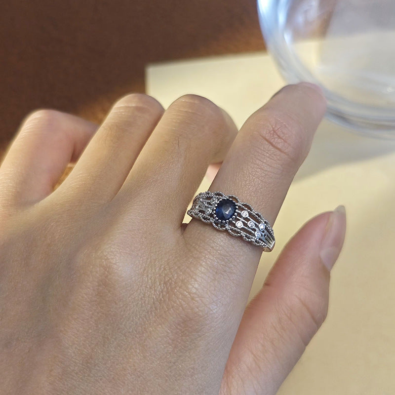 Natural Sapphire Gemstone Fine Jewelry 925 Sterling Silver Vintage Style Light Luxury Rings
