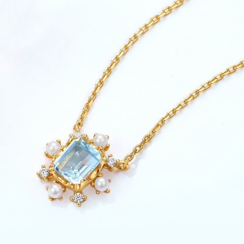 S925 Sterling Silver Jewelry Necklaces Natural Sky Blue Topaz Gemstone Snowflake Necklace