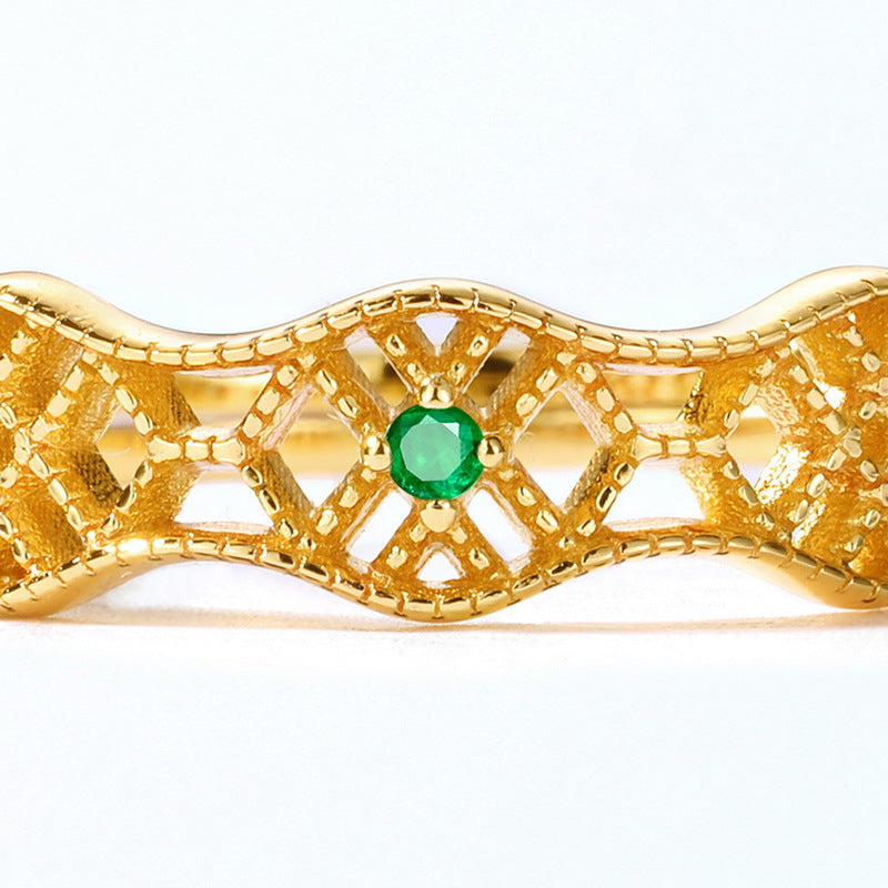 S925 Sterling Silver Jewelry Ring Natural Emerald Gemstone Vintage Geometric Style Rings