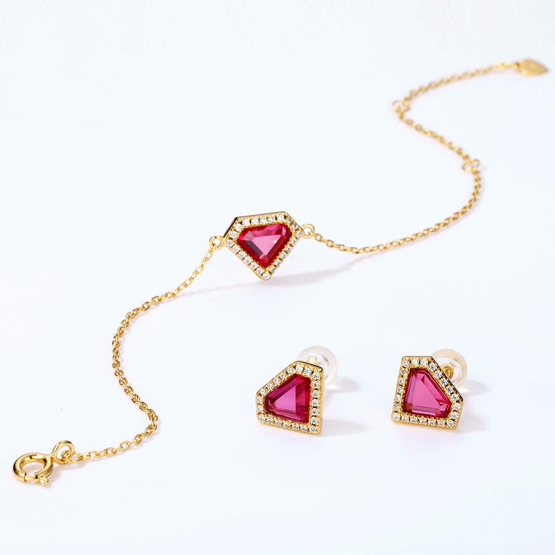 S925 Sterling Silver Jewelry Earrings Red Corundum Gemstone Shield Style Earrings