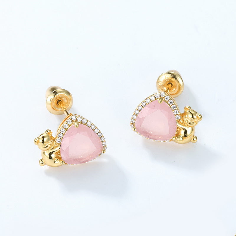 S925 Sterling Silver Jewelry Earrings Natural Rose Quartz Little Bear Triangle Style Earrings