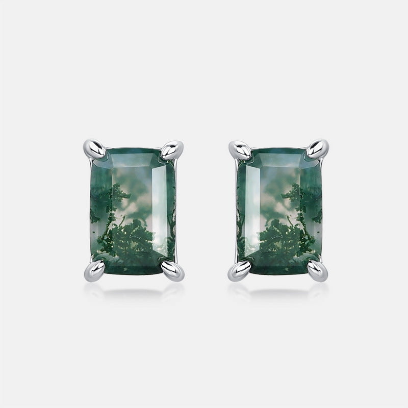 S925 Sterling Silver Jewelry Earrings Natural Moss Agate Gemstone Geometric Style Earrings